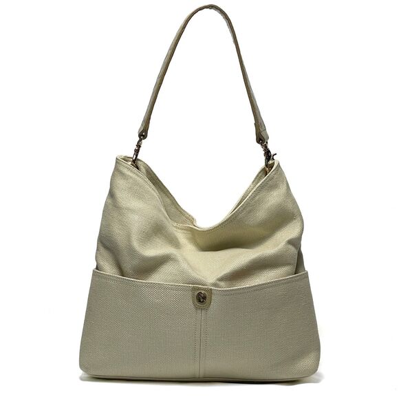 Spartina 449 Daufuskie Island Splendor Shoulder Bag Beige/Gold Linen Pat.Leather - Picture 1 of 12